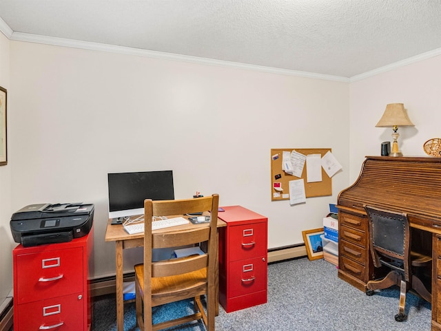 carpeted office featuring a baseboard heating unit, a textured ceiling, and crown molding