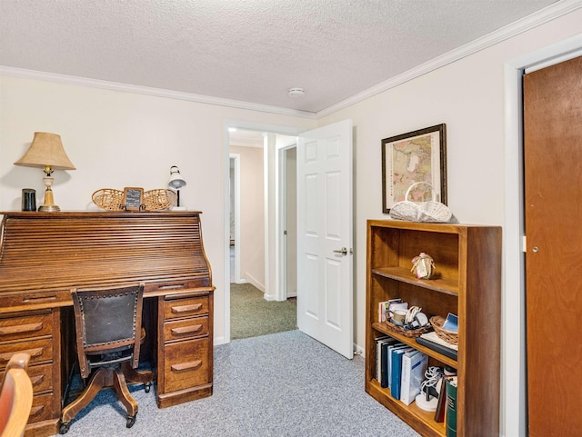 office space featuring light colored carpet, a textured ceiling, and crown molding