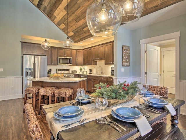 dining area with high vaulted ceiling, sink, wood ceiling, and dark hardwood / wood-style flooring