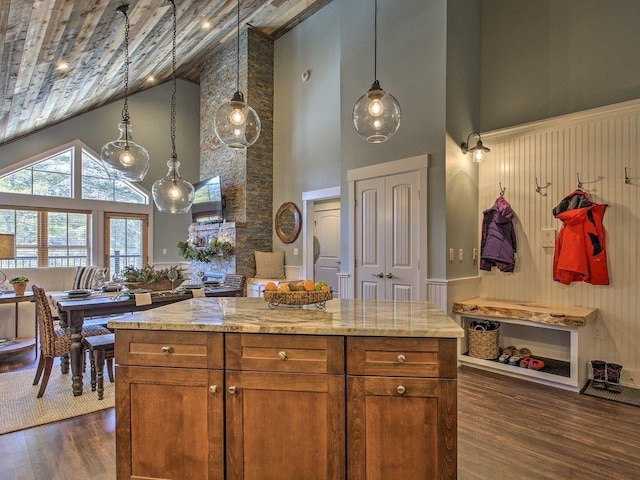 kitchen with decorative light fixtures, dark hardwood / wood-style flooring, light stone counters, and high vaulted ceiling