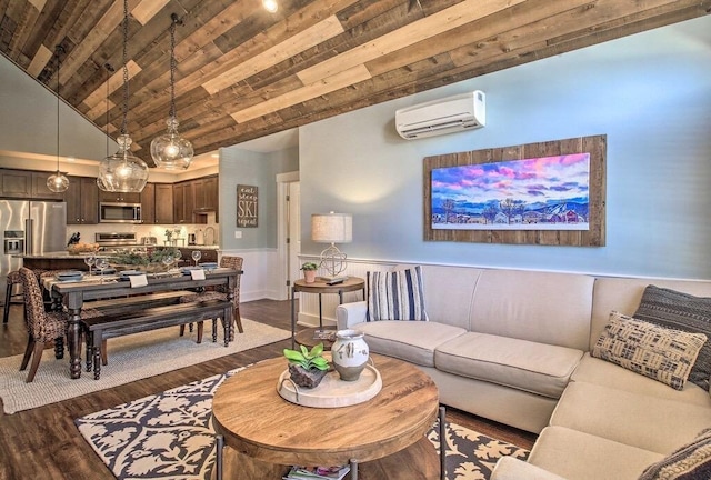 living room with high vaulted ceiling, a wall mounted AC, dark hardwood / wood-style flooring, and wood ceiling