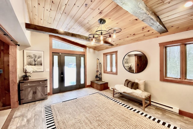 sitting room with light wood-type flooring, an inviting chandelier, a wealth of natural light, and wooden ceiling