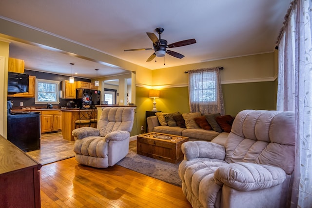 living room featuring ceiling fan and light hardwood / wood-style flooring