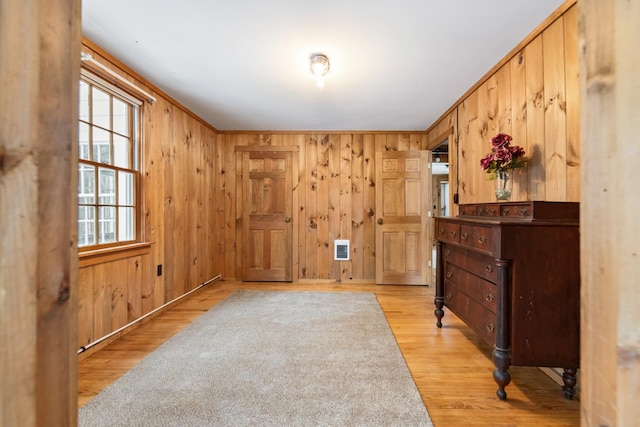 interior space with light hardwood / wood-style floors, plenty of natural light, and wood walls