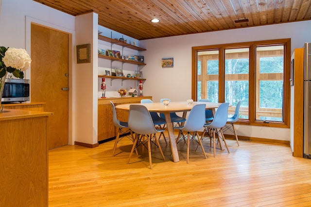 dining area with wooden ceiling, plenty of natural light, and light hardwood / wood-style flooring