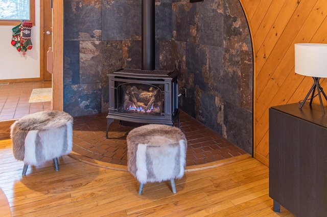 details with wood-type flooring and a wood stove