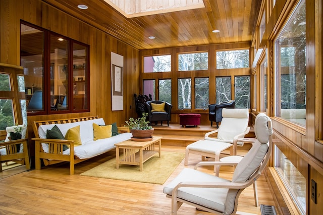 sunroom with wooden ceiling