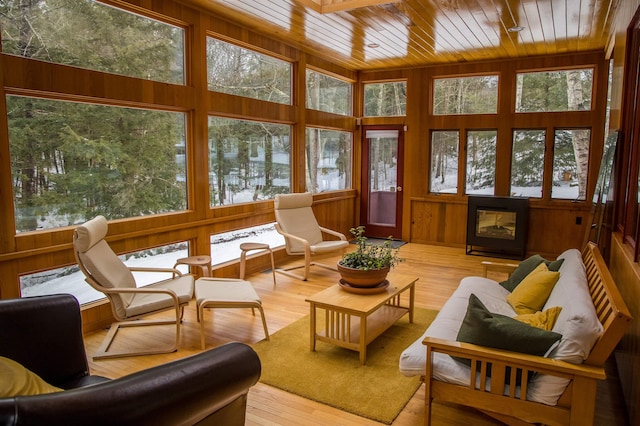 sunroom with wood ceiling