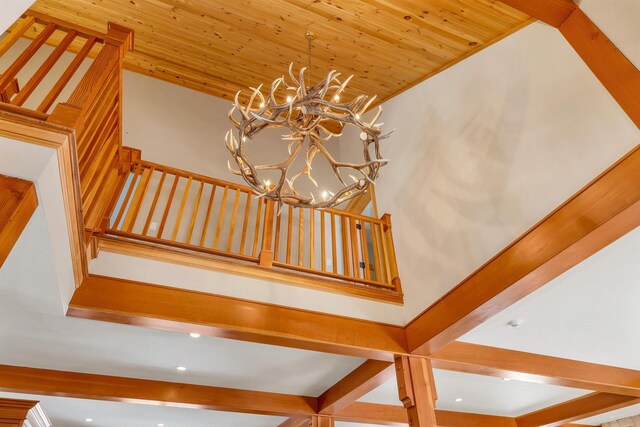 interior space featuring an inviting chandelier and wooden ceiling