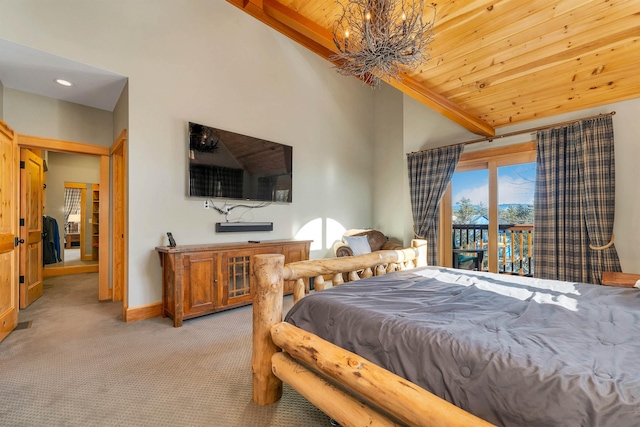 bedroom featuring light colored carpet, wood ceiling, an inviting chandelier, and vaulted ceiling with beams