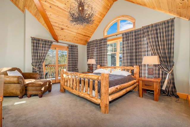 carpeted bedroom featuring high vaulted ceiling, access to exterior, wood ceiling, and a notable chandelier