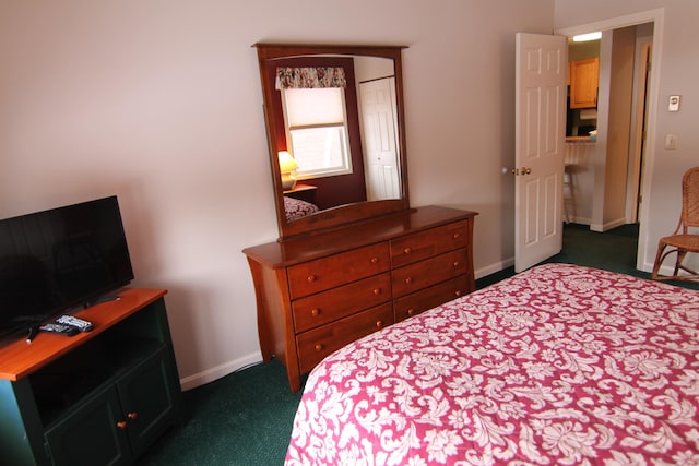 bedroom with dark colored carpet