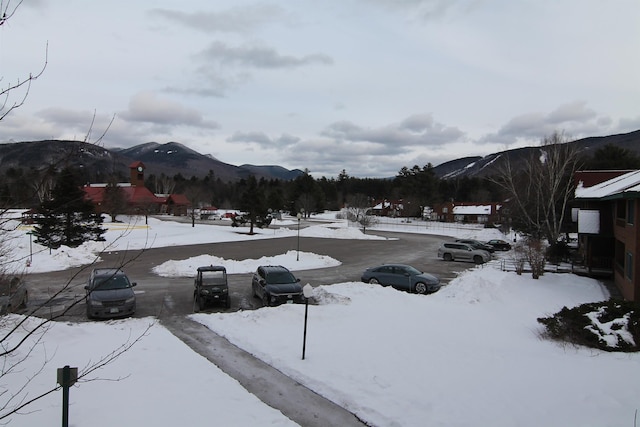 yard layered in snow featuring a mountain view