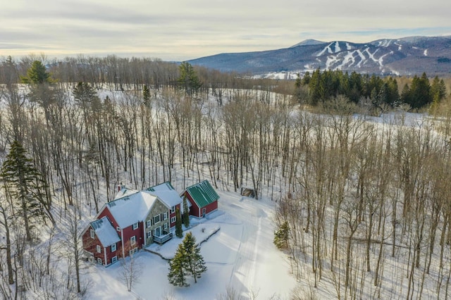 snowy aerial view with a mountain view