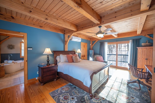 bedroom featuring ceiling fan, light hardwood / wood-style flooring, access to outside, and wood ceiling