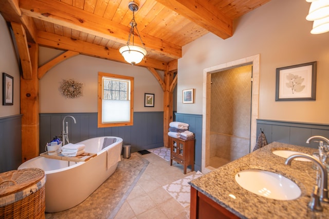 bathroom with vanity, tile patterned floors, beamed ceiling, wood ceiling, and independent shower and bath