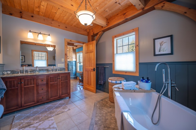 bathroom with tile patterned flooring, wood ceiling, plenty of natural light, and vanity