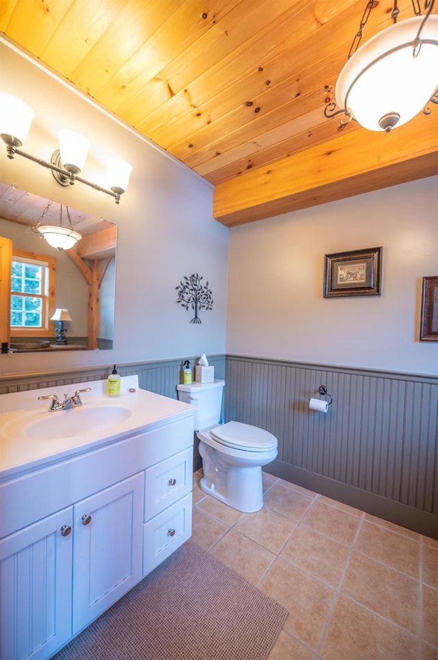 bathroom featuring toilet, vanity, wood ceiling, and tile patterned flooring