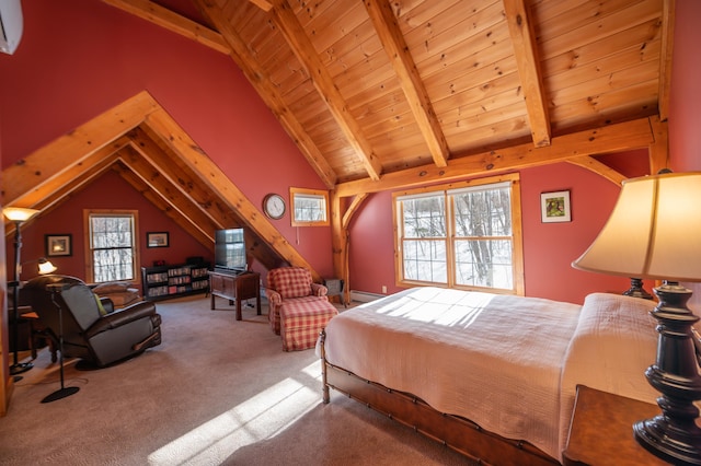 carpeted bedroom featuring wooden ceiling, a baseboard heating unit, and vaulted ceiling with beams