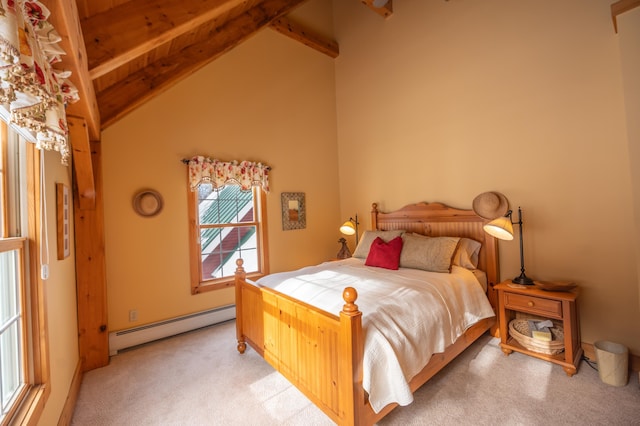 carpeted bedroom featuring a baseboard heating unit, high vaulted ceiling, and beamed ceiling