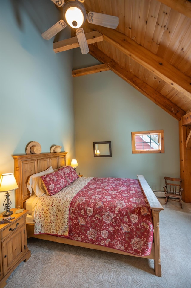 carpeted bedroom featuring ceiling fan, vaulted ceiling with beams, and wood ceiling