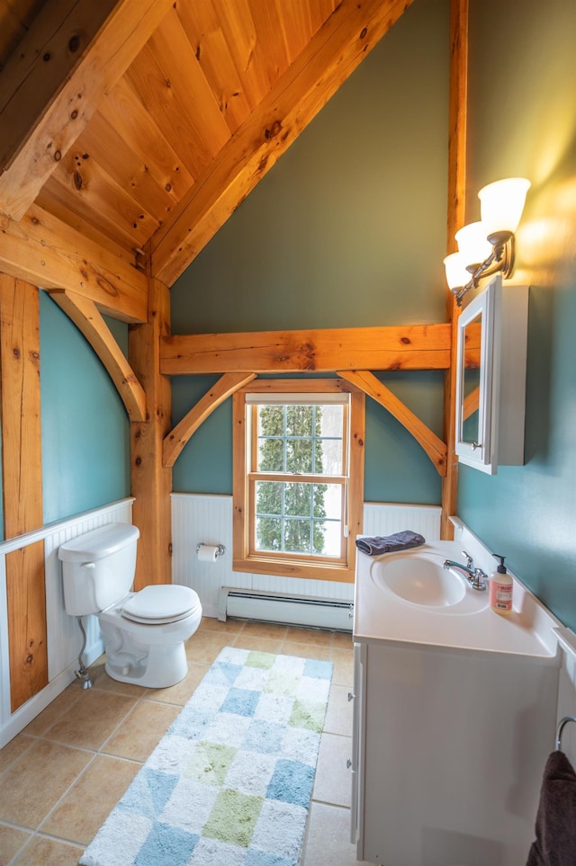 bathroom featuring toilet, vanity, a baseboard heating unit, vaulted ceiling, and wooden ceiling