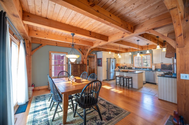 dining area featuring wooden ceiling, a healthy amount of sunlight, light hardwood / wood-style flooring, and beamed ceiling