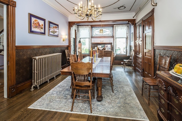 dining room with radiator, ornamental molding, dark hardwood / wood-style floors, and a notable chandelier