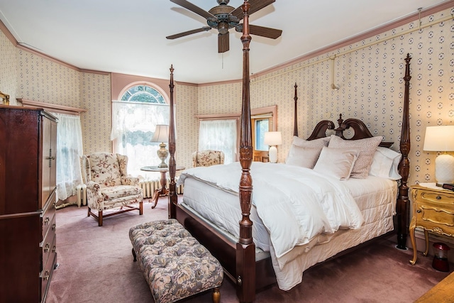 bedroom with ceiling fan, dark carpet, radiator, and crown molding