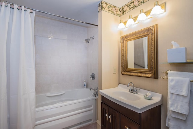 bathroom with shower / bath combo with shower curtain and vanity