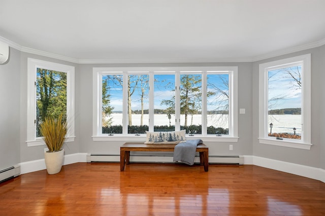 sunroom featuring baseboard heating and a water view