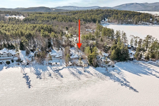 snowy aerial view featuring a mountain view