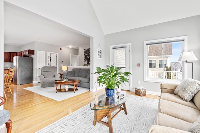 living room featuring light wood-type flooring and lofted ceiling