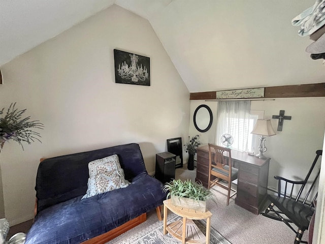 living room with lofted ceiling and carpet flooring