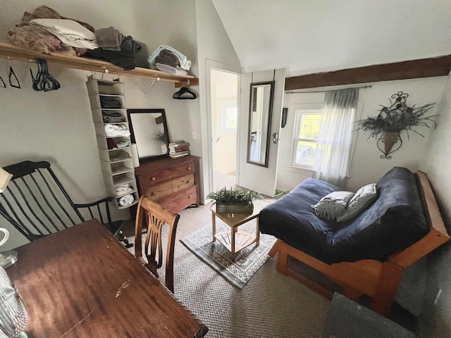 carpeted living room featuring lofted ceiling