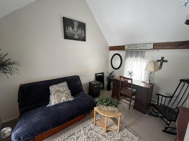 carpeted living room featuring lofted ceiling