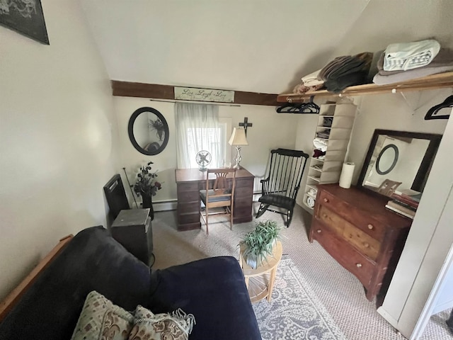 living room with baseboard heating and carpet