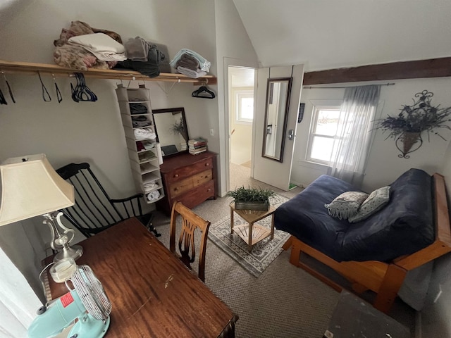 living room with carpet and vaulted ceiling