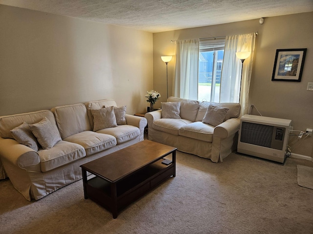 living room featuring a textured ceiling, carpet, and heating unit