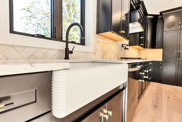 kitchen featuring tasteful backsplash, light stone countertops, stainless steel dishwasher, and light hardwood / wood-style floors