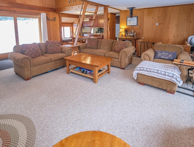 living room with wooden walls