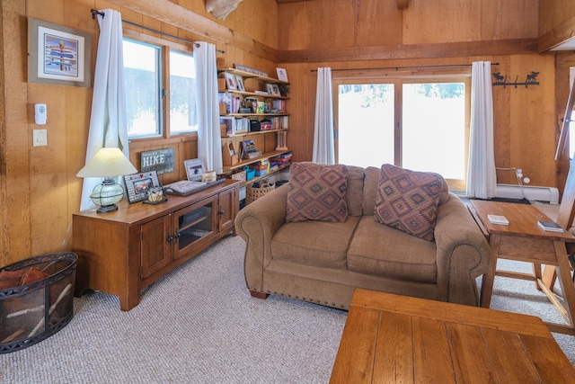 living room featuring a wealth of natural light and wooden walls