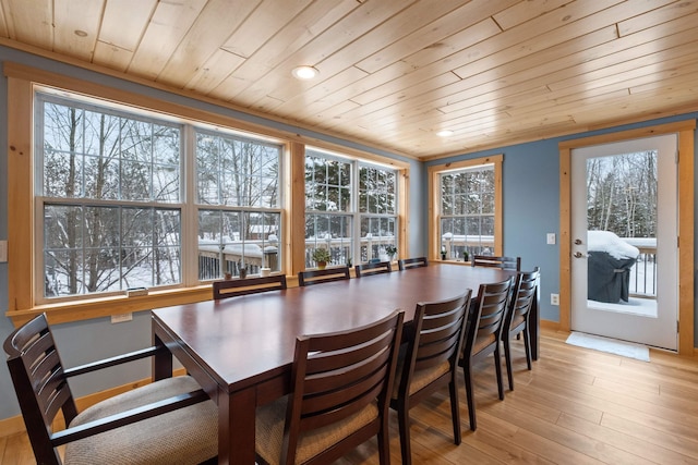 dining area with wood ceiling, plenty of natural light, light wood-style flooring, and baseboards