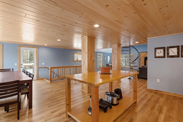 interior space featuring baseboards, recessed lighting, wooden ceiling, and light wood-style floors