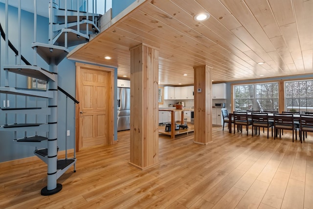 interior space featuring wooden ceiling, light wood-style flooring, and recessed lighting