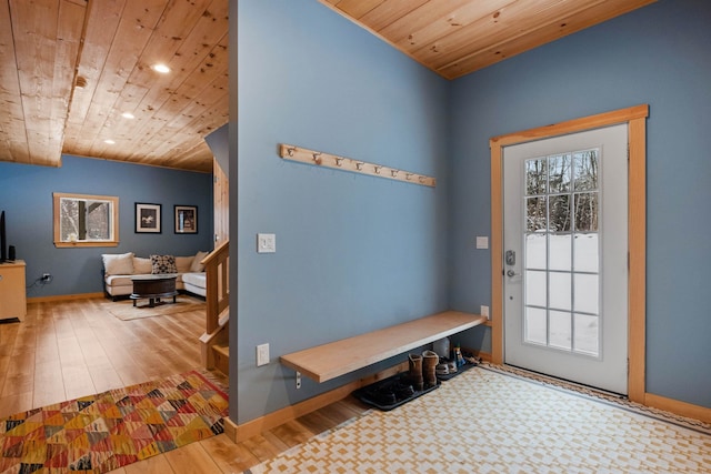 mudroom featuring recessed lighting, wooden ceiling, baseboards, and wood finished floors