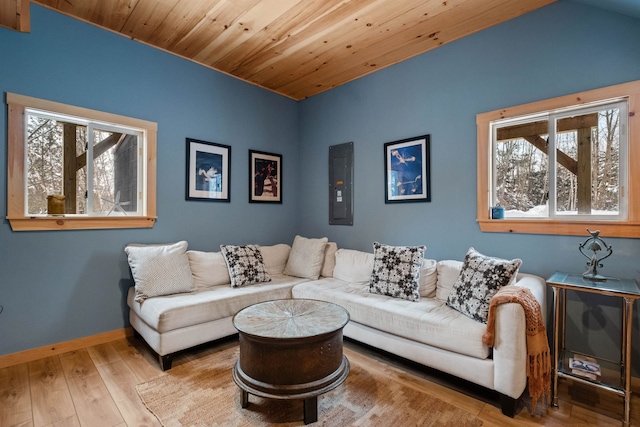 living room featuring wood ceiling, electric panel, baseboards, and wood-type flooring