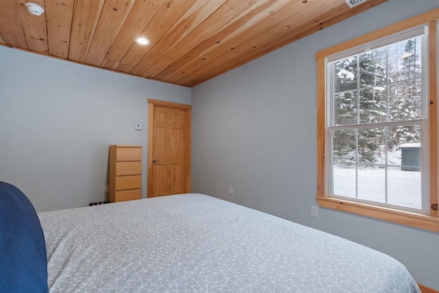 bedroom with recessed lighting and wooden ceiling