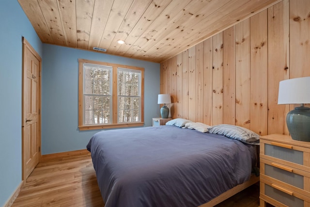 bedroom featuring wooden ceiling, visible vents, wood walls, and wood finished floors