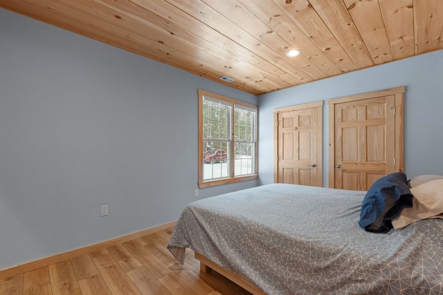 bedroom featuring visible vents, wood finished floors, wood ceiling, and baseboards